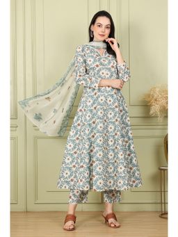 W - Blue Floral Printed A-Line Kurta with Pants and Dupatta (Set of 3)