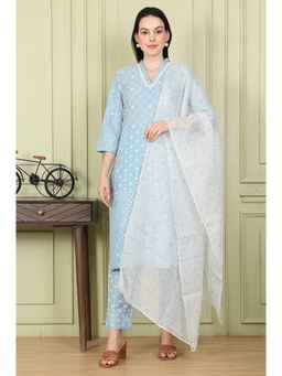 W - Blue Geometric Printed Pure Cotton Straight Kurta with Pants and Dupatta (Set of 3)