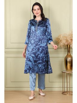 W - Blue Floral Printed with Thread Work Japenese Satin Kurta and Pant (Set of 2)