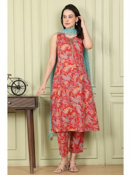 W - Red Floral Printed Sequined Pure Cotton A-Line Kurta with Pant and Dupatta (Set of 3)