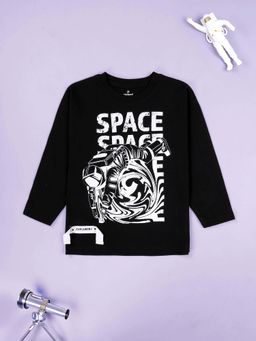 KiddoPanti - Black Cotton Space Full Sleeve Round Neck T-Shirt