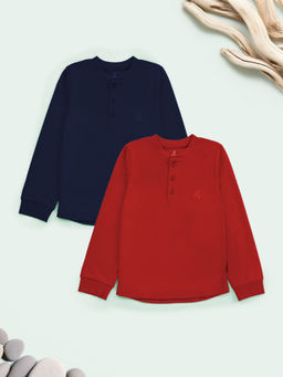 KiddoPanti - Blue & Red Solid Full Sleeve Rib T-Shirts (Pack of 2)