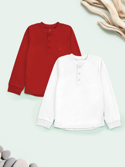 KiddoPanti - White & Red Solid Full Sleeve Rib T-Shirts (Pack of 2)