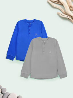 KiddoPanti - Blue & Grey Solid Full Sleeve Rib T-Shirts (Pack of 2)