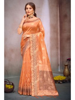 Sangam Prints - Peach Organza Woven Zari Work Traditional Tassel Saree with Unstitched Blouse