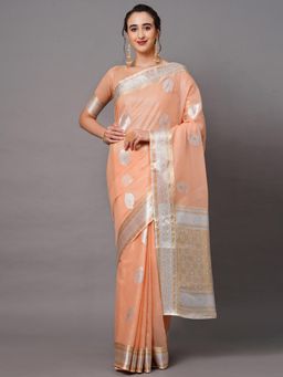 Sareemall - Peach Festive Silk Blend Woven Design Saree with Unstitched