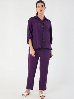 Femmella - Purple Dual Pocket Shirt Co-Ord (Set of 2)