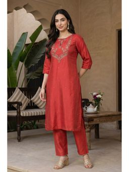 W - Red Embroidered Shantung Kurta