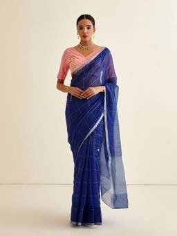 Abhishti - Admiral Blue Banarasi Woven Zari Plaid Pattered Sari with Unstitched Blouse