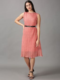 SHOWOFF - Womens Boat Neck Midi Peach Abstract Dress