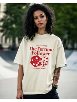 Bewakoof - Women's Beige Fortune Graphic Printed Oversized T-shirt