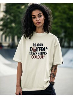 Bewakoof - Women's Beige Black Coffee Typography Oversized T-shirt