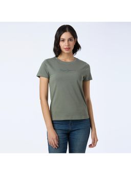 Pepe Jeans - Women Olive Green Graphic Print Half Sleeve Stretch T-Shirt