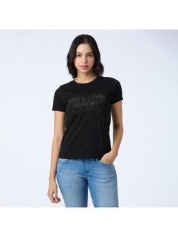 Pepe Jeans - Women Black Embellished Half Sleeve Stretch T-Shirt