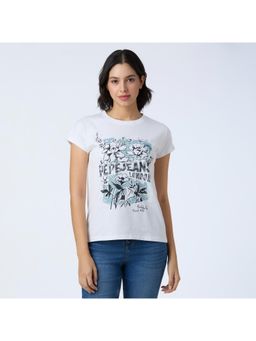 Pepe Jeans - Women White Floral Half Sleeve Stretch T-Shirt
