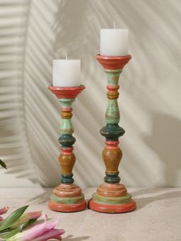 Revive Home - Multi-Color Hand Crafted Wooden Candle Holder In Distress Finish-Set Of 2
