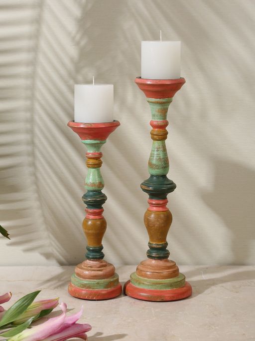 Revive Home Multi-Color Hand Crafted Wooden Candle Holder In Distress Finish-Set Of 2