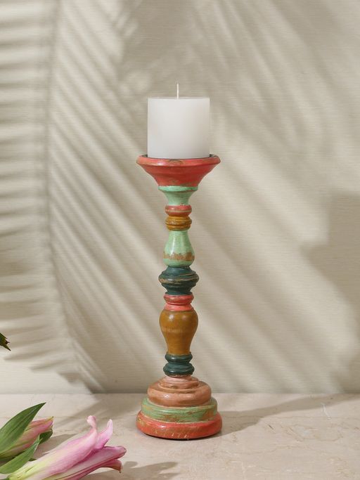Revive Home Multi-Color Hand Crafted Wooden Candle Holder In Distress Finish (M)