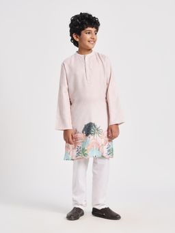 Cherry & Jerry - Boys Peach Rayon Printed Straight Kurta with Pyjamas