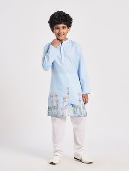Cherry & Jerry - Boys Blue Rayon Printed Straight Kurta with Pyjamas