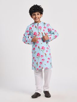 Cherry & Jerry - Boys Blue Rayon Printed Straight Kurta with Pyjamas