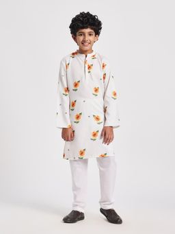 Cherry & Jerry - Boys White Rayon Printed Straight Kurta with Pyjamas