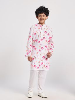 Cherry & Jerry - Boys White Rayon Printed Straight Kurta with Pyjamas