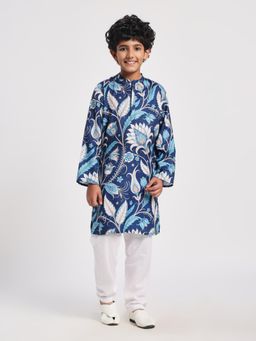 Cherry & Jerry - Boys Navy Blue Rayon Printed Straight Kurta with Pyjamas