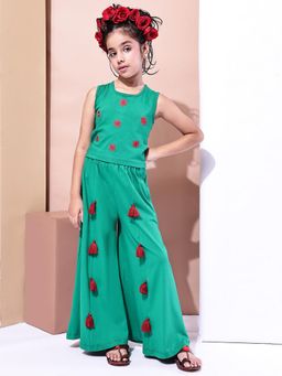 BaawRi - Girls Forest Green Embroidered Top and Palazzo with Tassel
