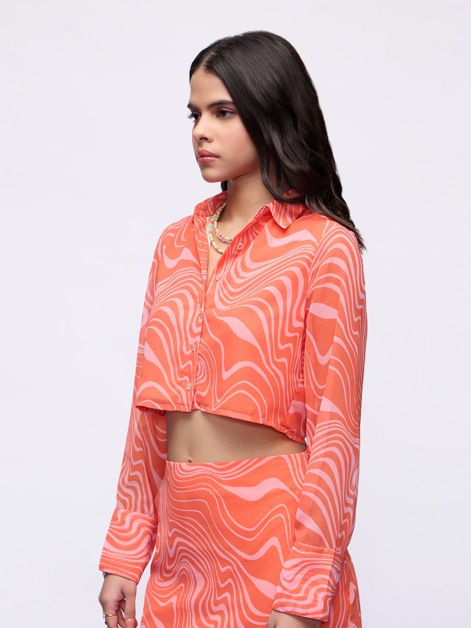 Buy MIXT by Nykaa Fashion Orange Wave Print Full Sleeves Boxy Crop