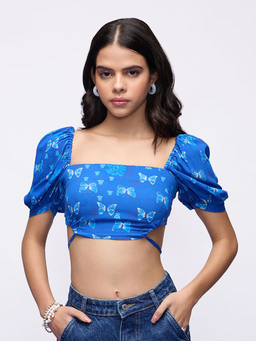 MIXT by Nykaa Fashion Blue Butterfly Print Puff Sleeves Crop Top