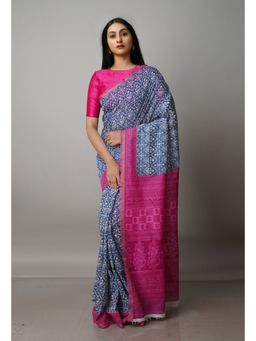 Unnati Silks - Navy Blue & Pink Screen Printed Chanderi Sico Saree with Unstitched Blouse