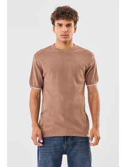 Snitch - Brown Textured Half Sleeves Regular Casual T-Shirt