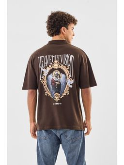 Snitch - Brown Graphic Half Sleeves Oversized Casual Polo T-Shirt