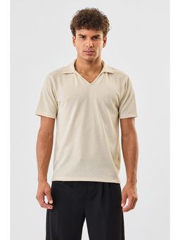 Snitch - Off White Textured Half Sleeves Slim Casual Polo T-Shirt