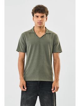 Snitch - Olive Textured Half Sleeves Slim Casual Polo T-Shirt