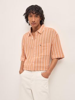 The Bear House - Men's Peach Relaxed Fit Cotton Stripes Shirt