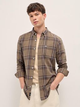 The Bear House - Men's Brown Slim Fit Cotton Checkered Shirt