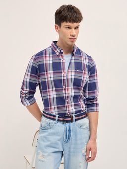 The Bear House - Men's Blue Slim Fit Cotton Checkered Shirt