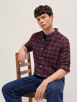 The Bear House - Men's Maroon Slim Fit Cotton Checkered Shirt