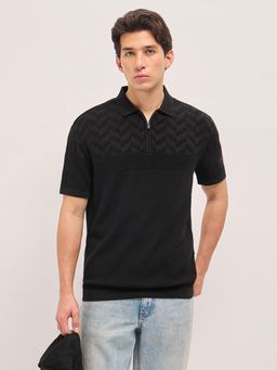The Bear House - Men's Black Relaxed Fit Cotton Textured Polo T-Shirt