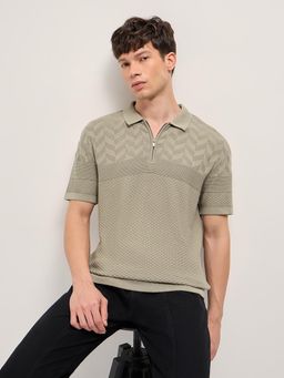 The Bear House - Men's Olive Relaxed Fit Cotton Textured Polo T-Shirt