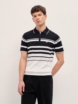 The Bear House - Men's Black Slim Fit Cotton Stripes Polo T-Shirt