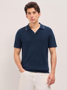 The Bear House - Men's Navy Blue Regular Fit Cotton Textured Polo T-Shirt
