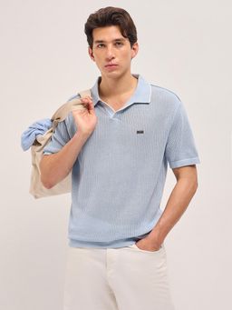 The Bear House - Men's Blue Relaxed Fit Cotton Textured Polo T-Shirt