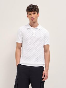 The Bear House - Men's White Slim Fit Cotton Textured Polo T-Shirt