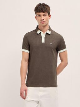 The Bear House - Men's Brown Slim Fit Textured Polo T-Shirt