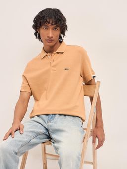 The Bear House - Men's Orange Slim Fit Cotton Textured Polo T-Shirt