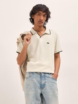 The Bear House - Men's Cream Slim Fit Cotton Solid Polo T-Shirt