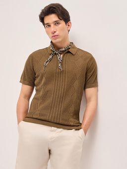 The Bear House - Men's Brown Regular Fit Textured Polo T-Shirt